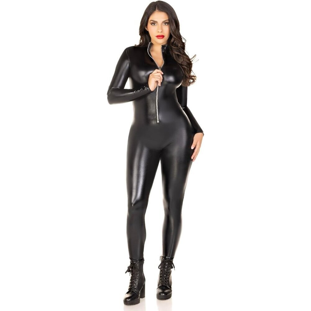 Women Black Wet Look Zipper Front Catsuit Costume Bodysuit